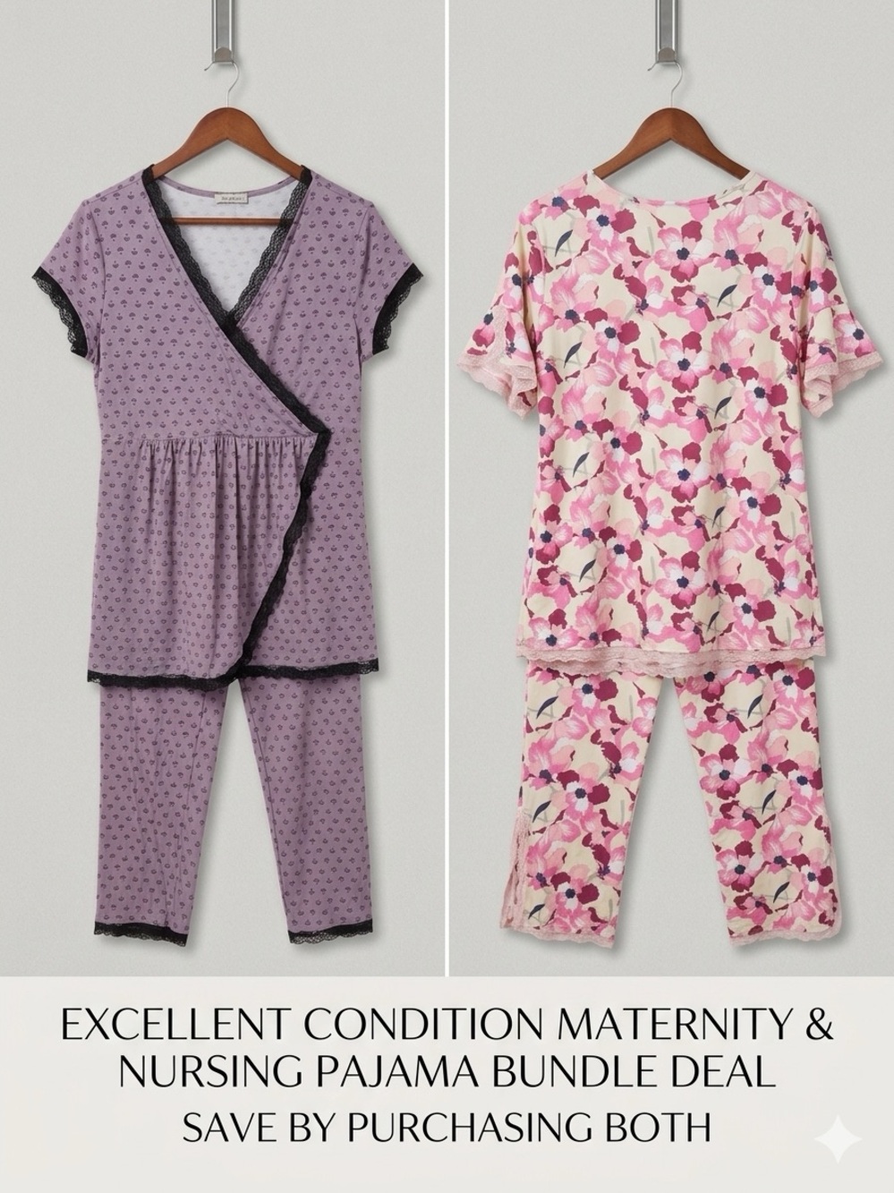 Kimi & Kai Maternity Nursing Pajama Set Bundle Pink Floral & Purple Size Large